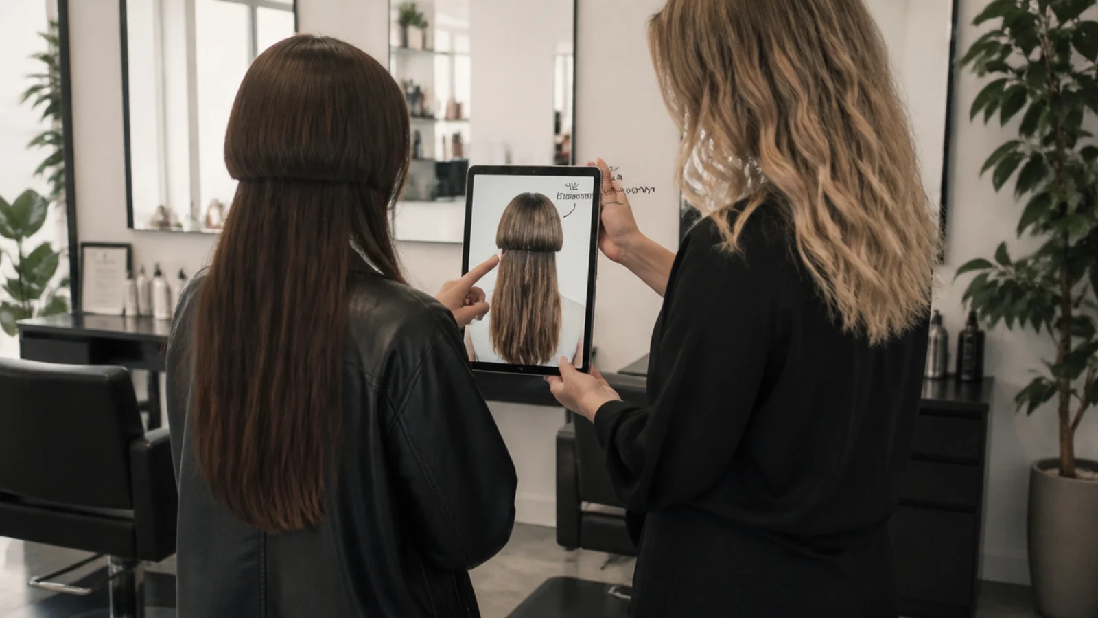 Woman showing her stylist a back-view reference photo for a medium jellyfish haircut at a salon