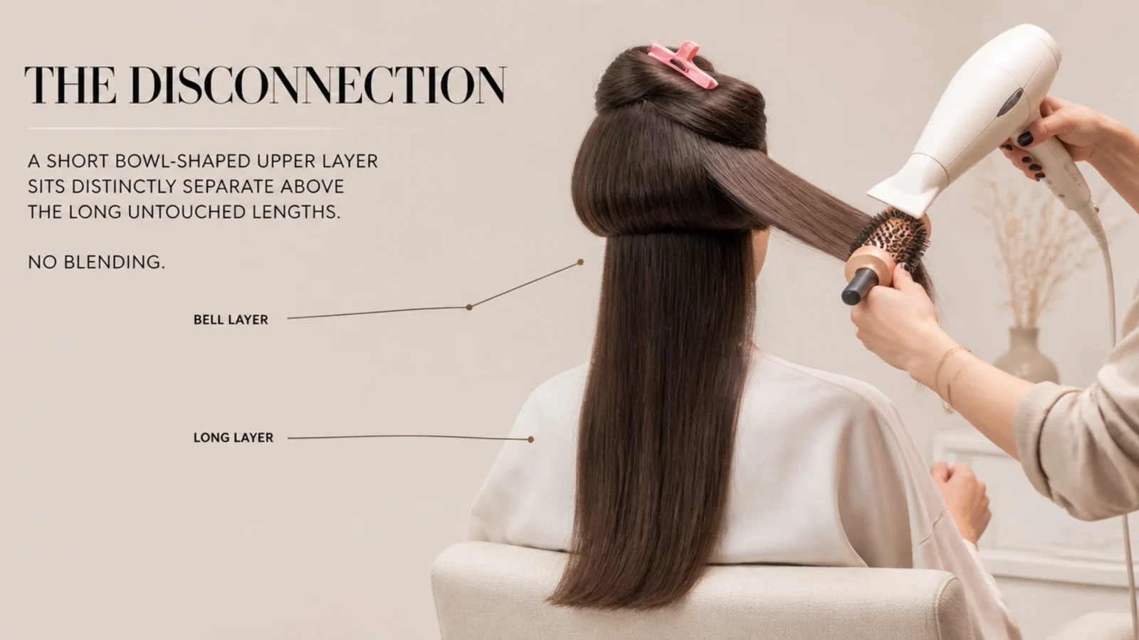 Round brush blow drying the bell layer of a medium jellyfish haircut while the long layer is clipped away
