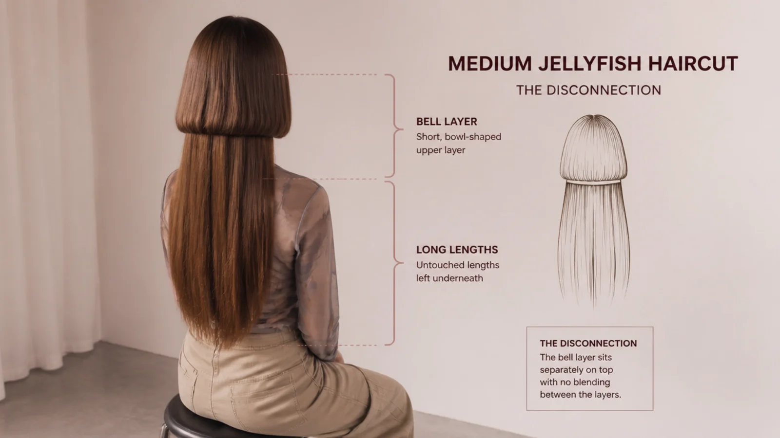 Diagram of a medium jellyfish haircut showing the disconnected bell layer over long untouched lengths