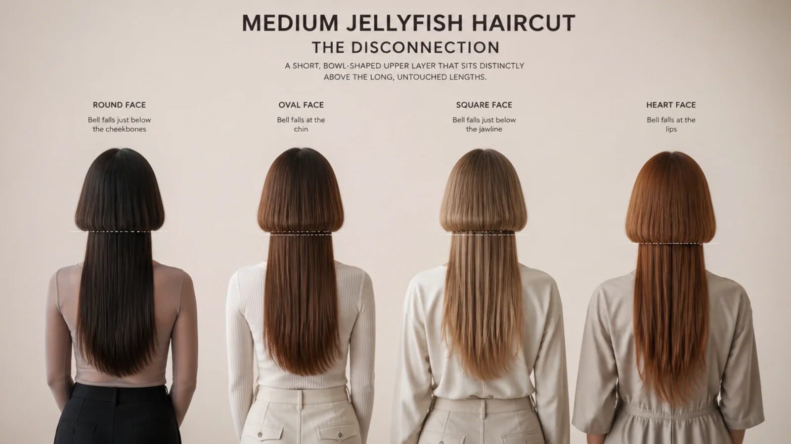 Four face shapes compared for a medium jellyfish haircut showing where the bell should fall on each