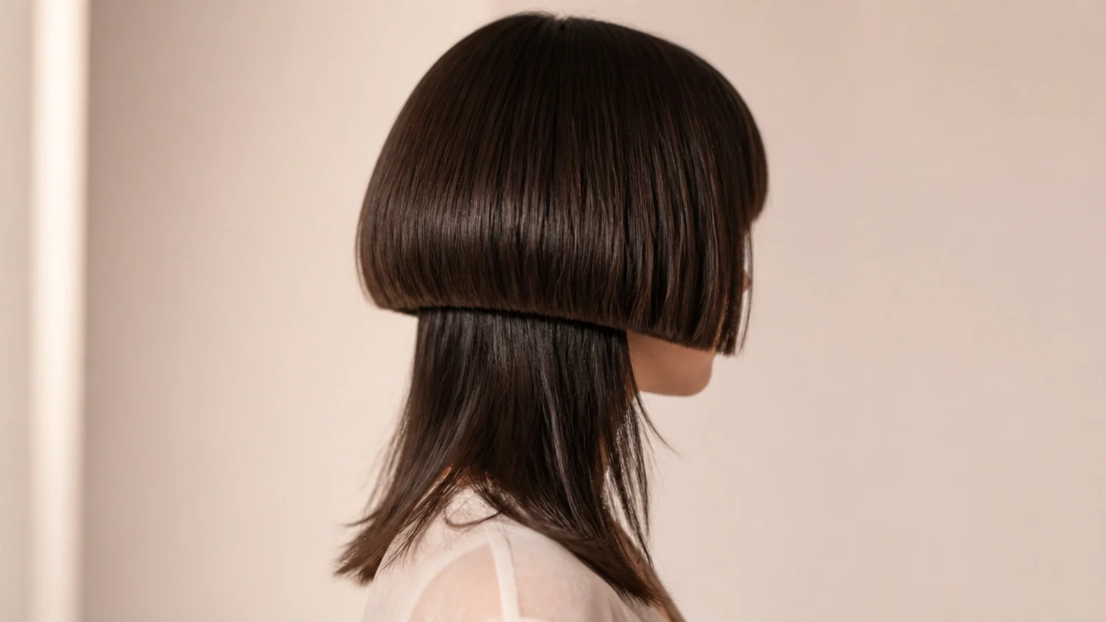 Short jellyfish haircut with a chin length blunt bowl shaped bell over collarbone length dark brown lower layer