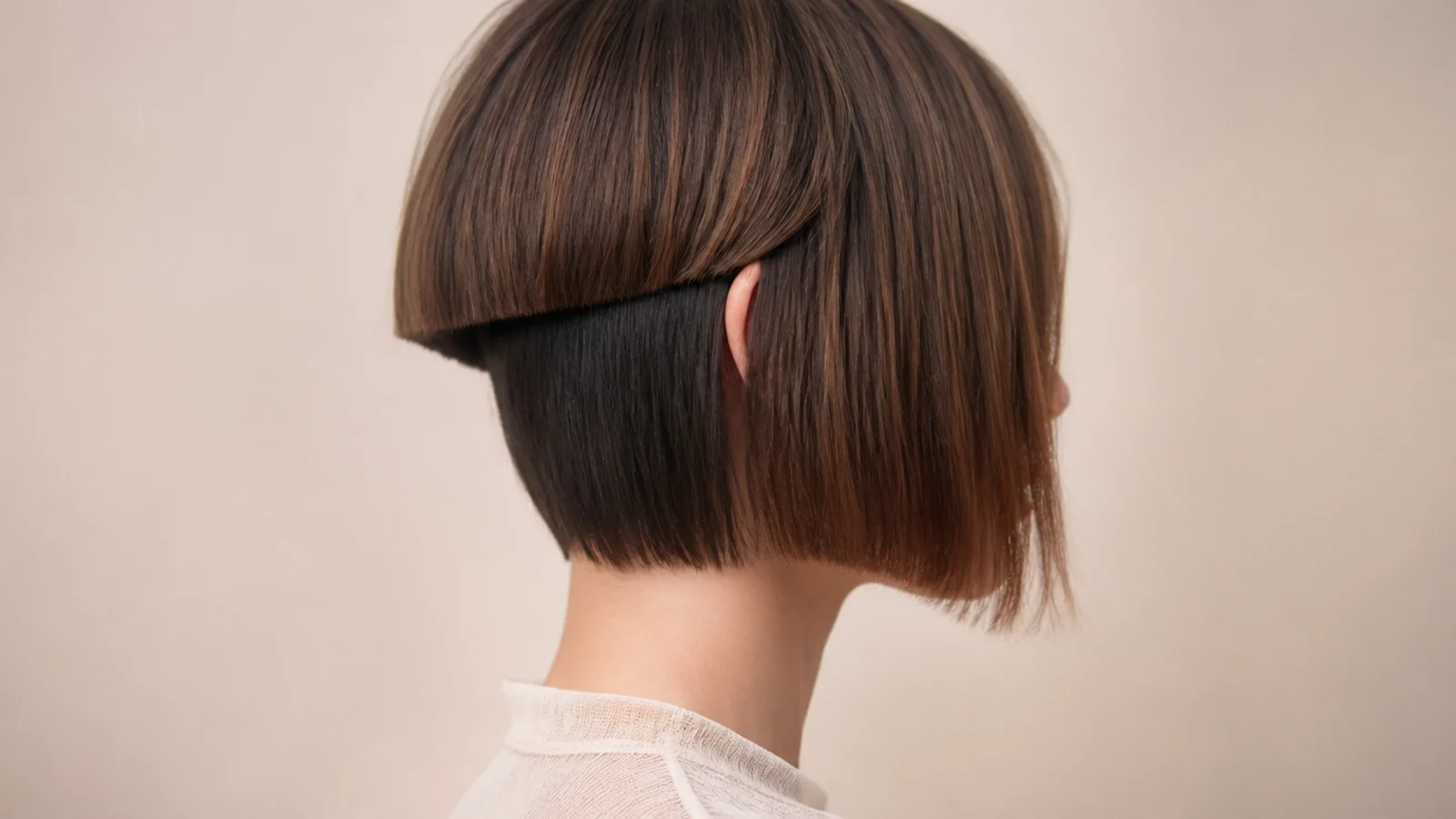Short jellyfish haircut on a round face with a jaw length bell falling in vertical panels beside the cheeks