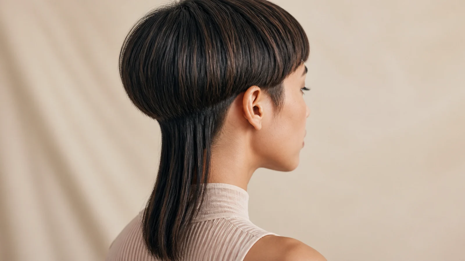 Pixie jellyfish haircut with a short cropped bell above the ears and a long thin tail of hair at the nape