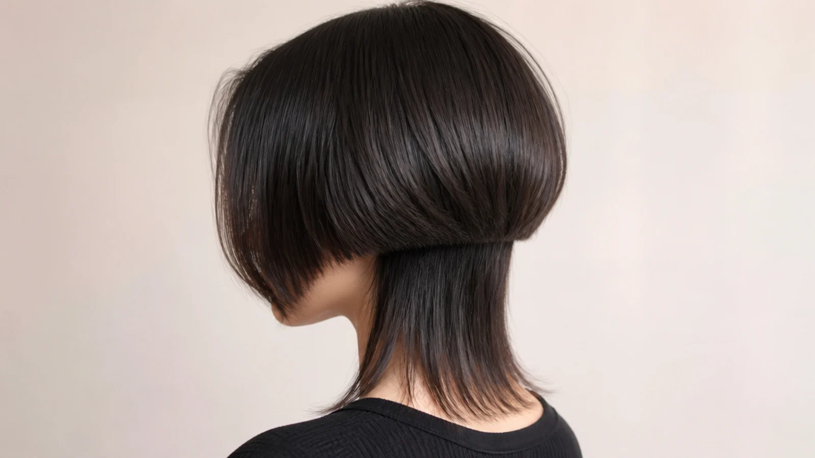 Short jellyfish haircut with cheekbone length curtain bangs parted in the middle over a chin length bell