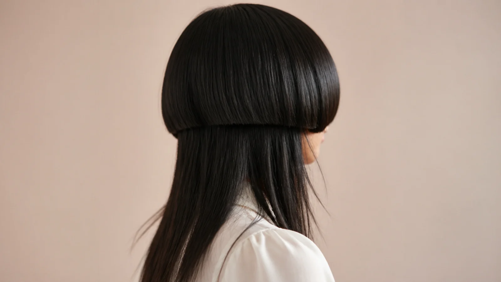 Short jellyfish haircut on thick dark hair with a heavy rounded bell and dense long lower layer