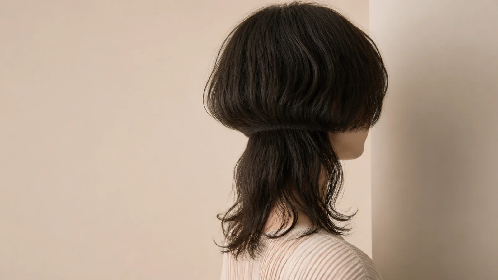 Short wavy jellyfish haircut on 2B hair with a textured bell and loose S waves in the long lower layer
