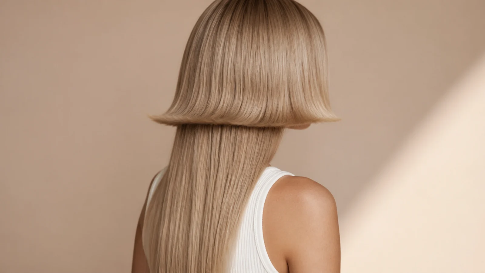 Short jellyfish haircut with the ends of the bell flicked outward in a 70s flip over straight long lengths