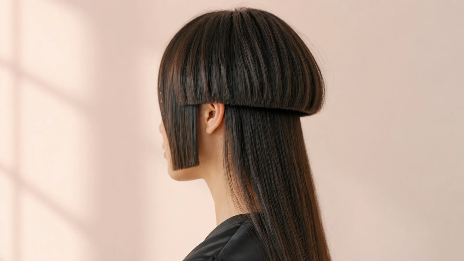 Short jellyfish haircut with straight cut hime side panels at the jaw framing the face over long lengths