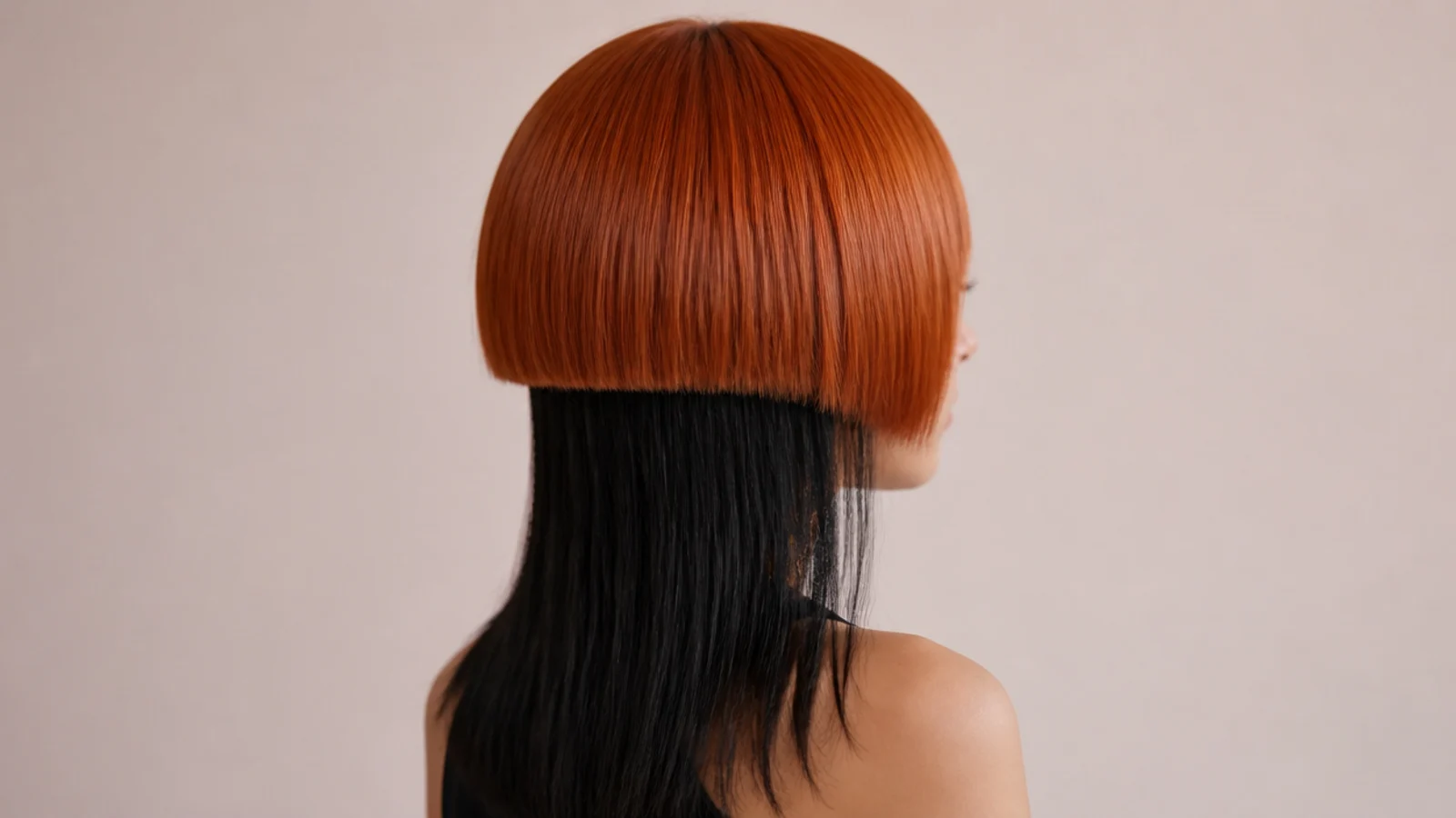 Short jellyfish haircut with a bright copper ginger bell over jet black long lower layer
