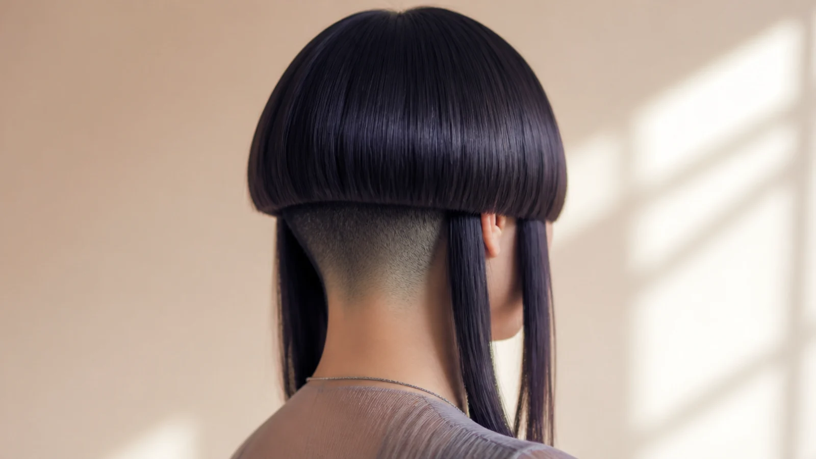 Short jellyfish haircut with a shaved nape under a rounded bell and side falling long sections