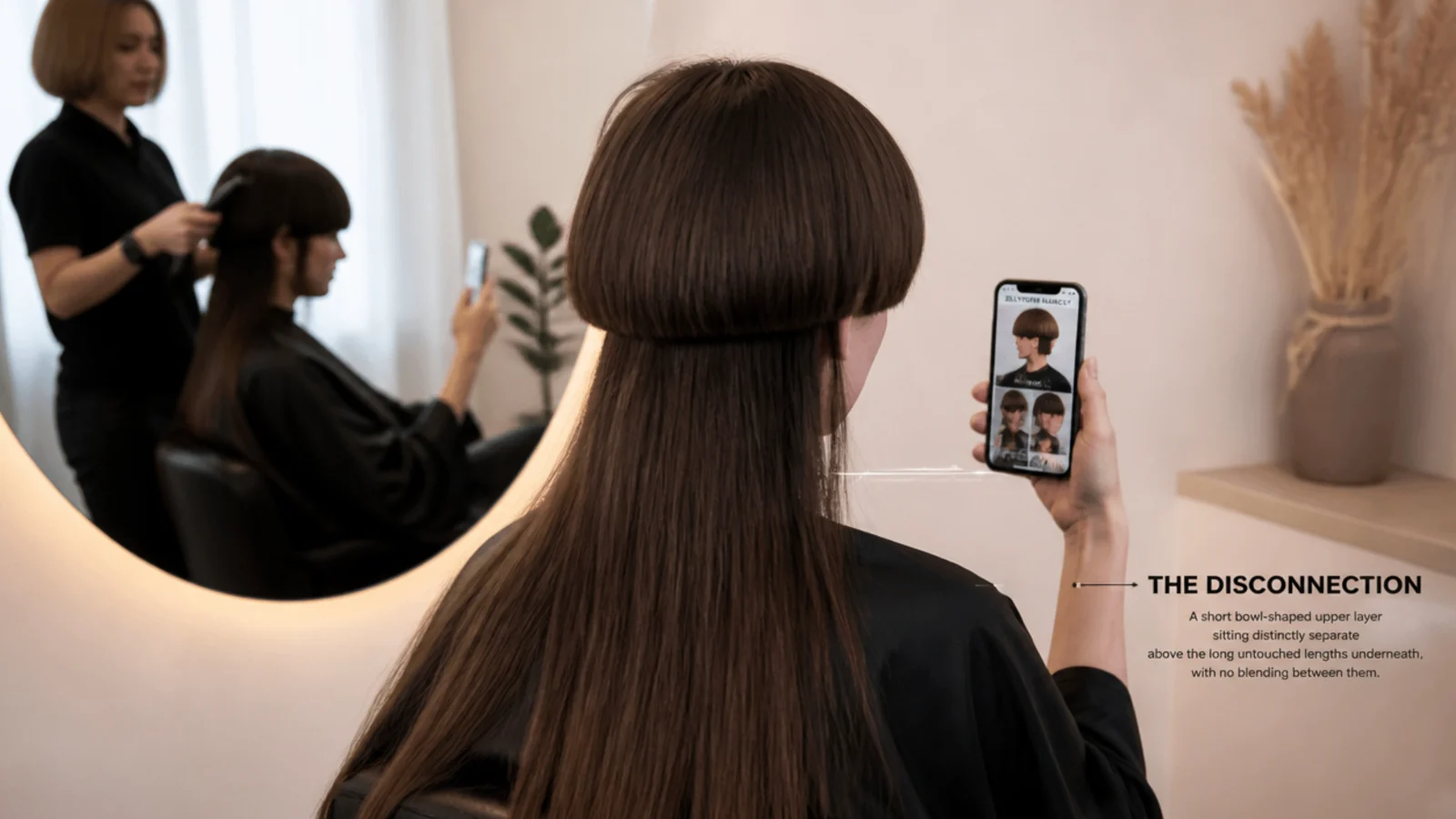 Phone showing short jellyfish haircut reference photos including a back view held up at a salon mirror
