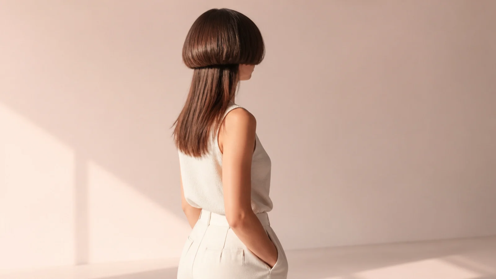 Short jellyfish haircut on a woman with a chin length bowl shaped bell over collarbone length disconnected lower layer