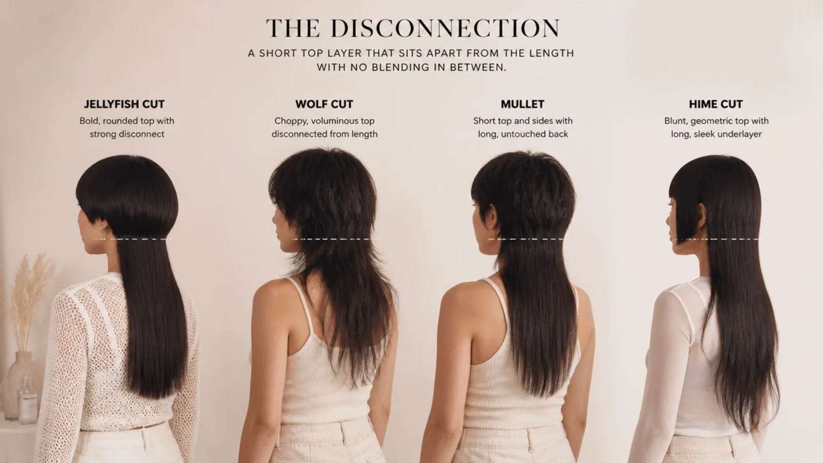 Short jellyfish haircut compared side by side with a wolf cut, a mullet and a hime cut showing four different layer structures