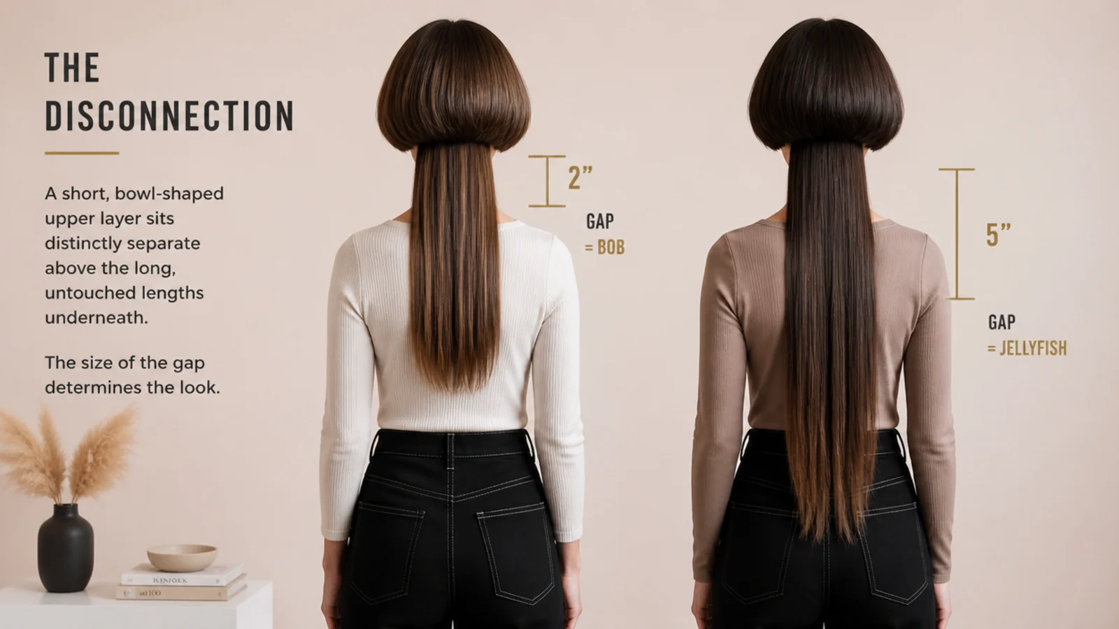 Two short jellyfish haircuts compared showing a two inch gap that reads as a bob and a five inch gap that reads jellyfish
