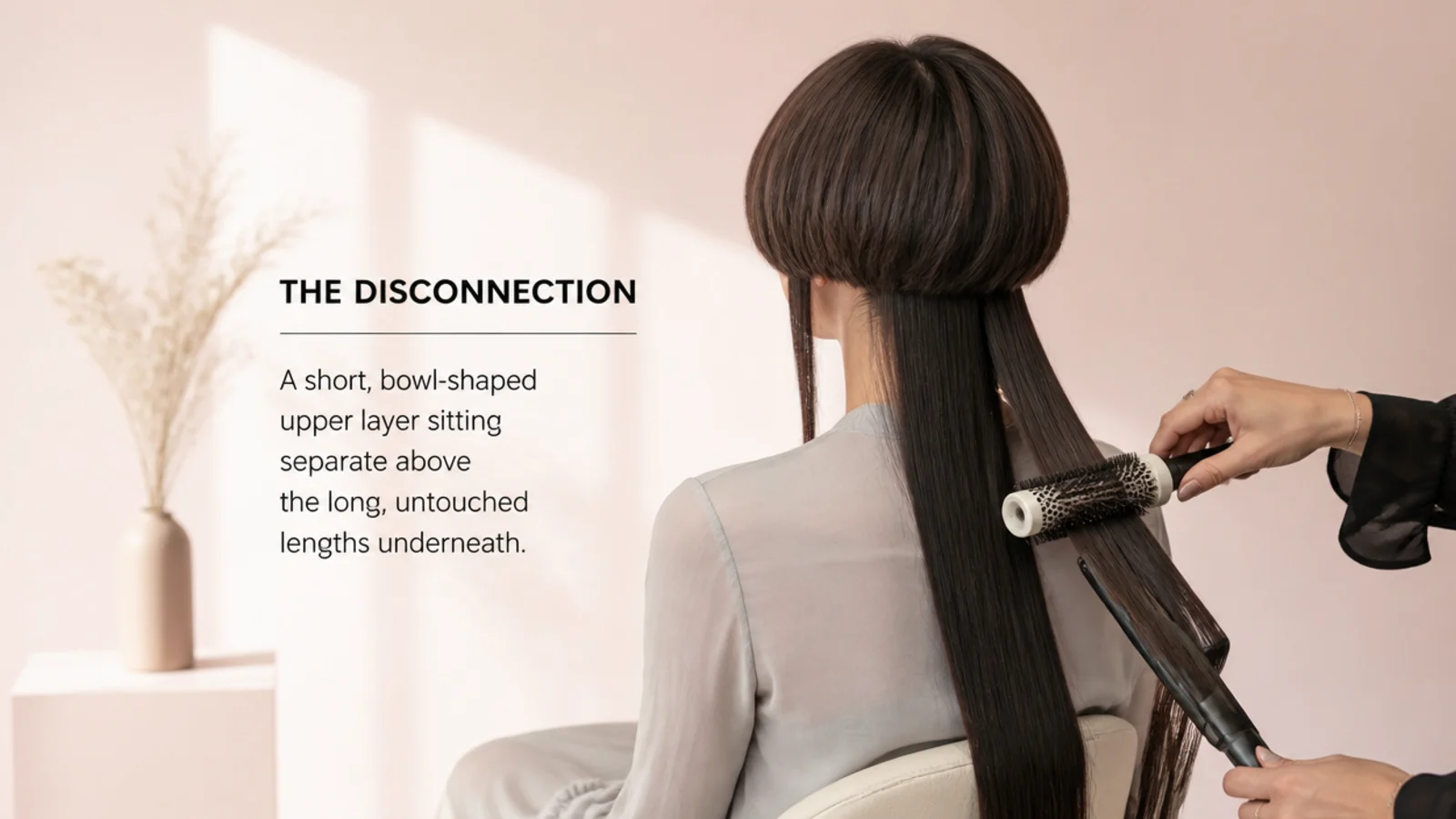 Styling a short jellyfish haircut with a round brush curving the bell under and a flat iron smoothing the long lower layer