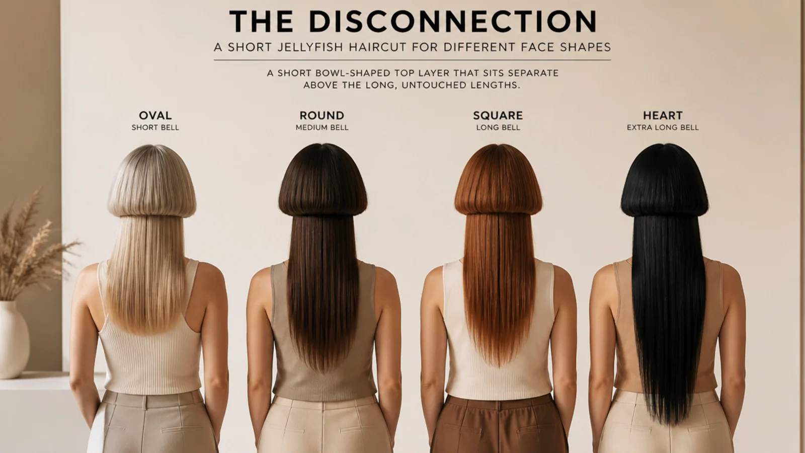 Four face shapes compared for a short jellyfish haircut showing oval, round, square and heart with different bell lengths