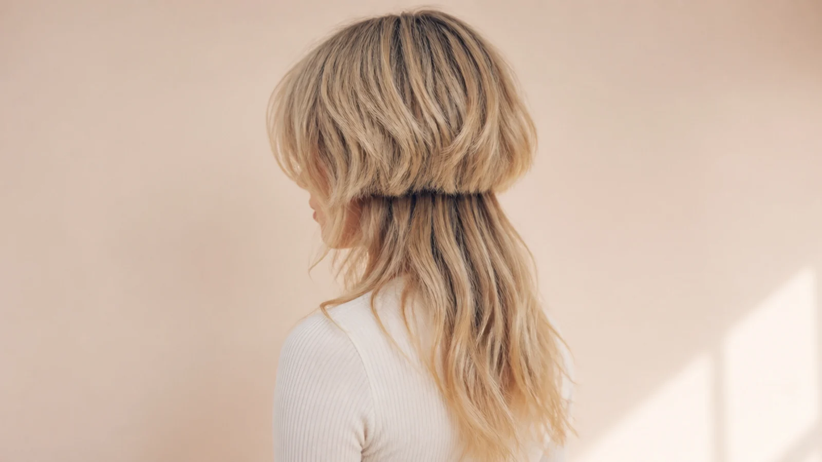 Wavy jellyfish haircut with curtain bangs splitting over the forehead above a rounded bell