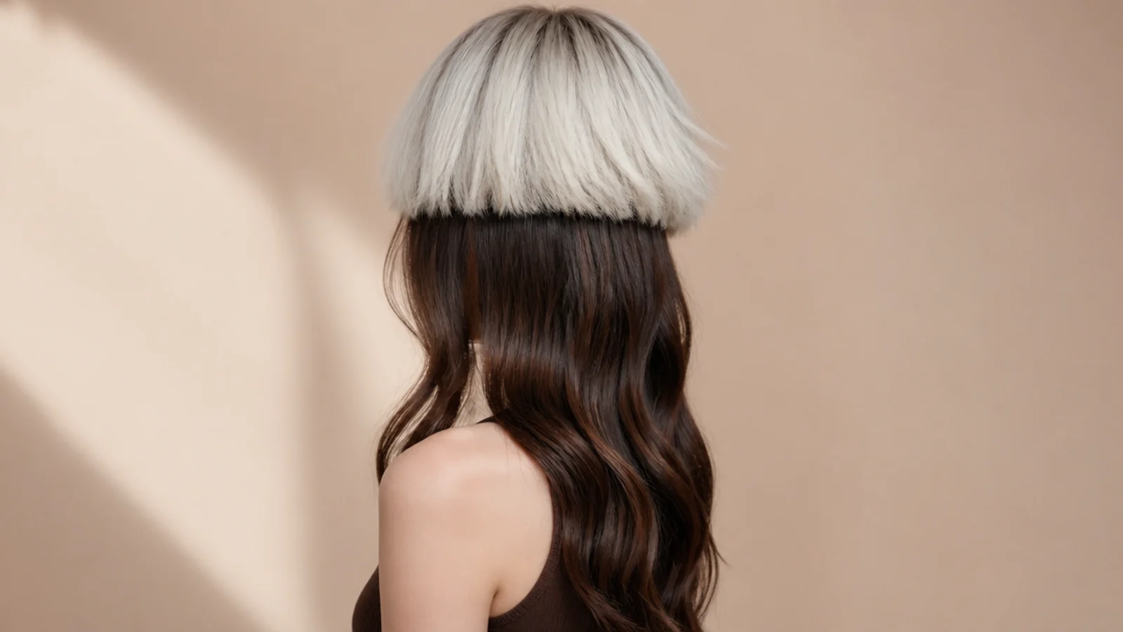 Two-tone wavy jellyfish haircut with a platinum bell over long dark brown waves
