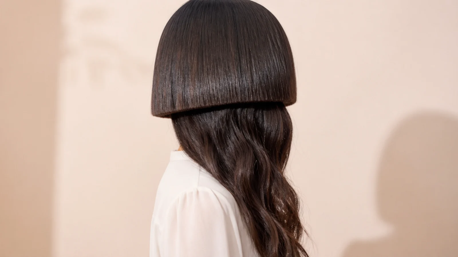 Sleek flat-ironed bell over natural wavy lengths in a high-contrast jellyfish haircut