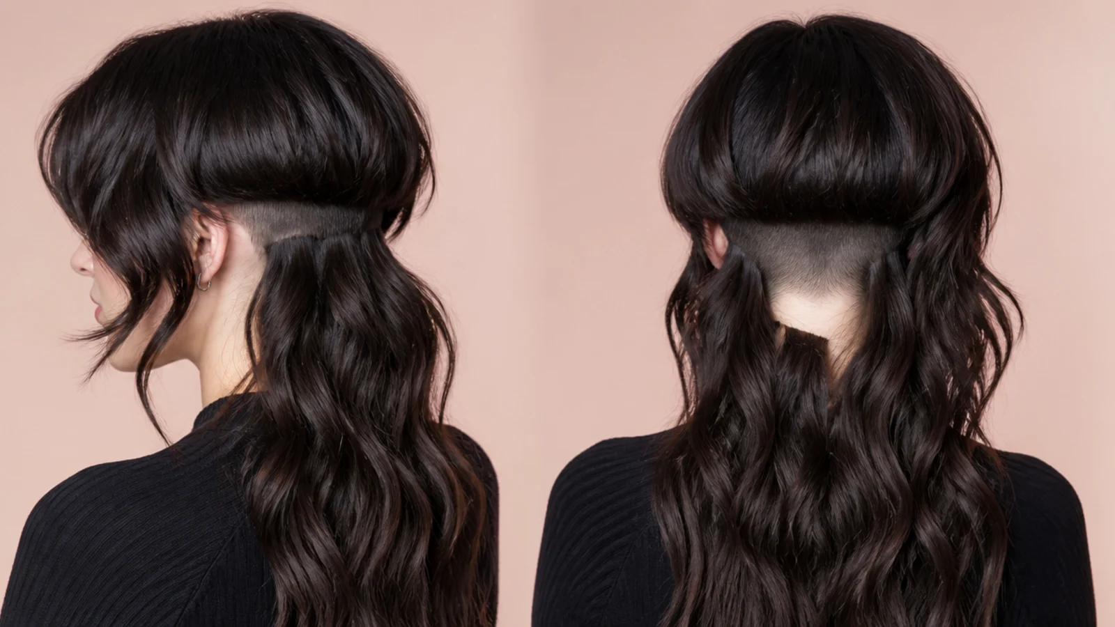 Wavy jellyfish haircut with a hidden nape undercut revealed under long waves