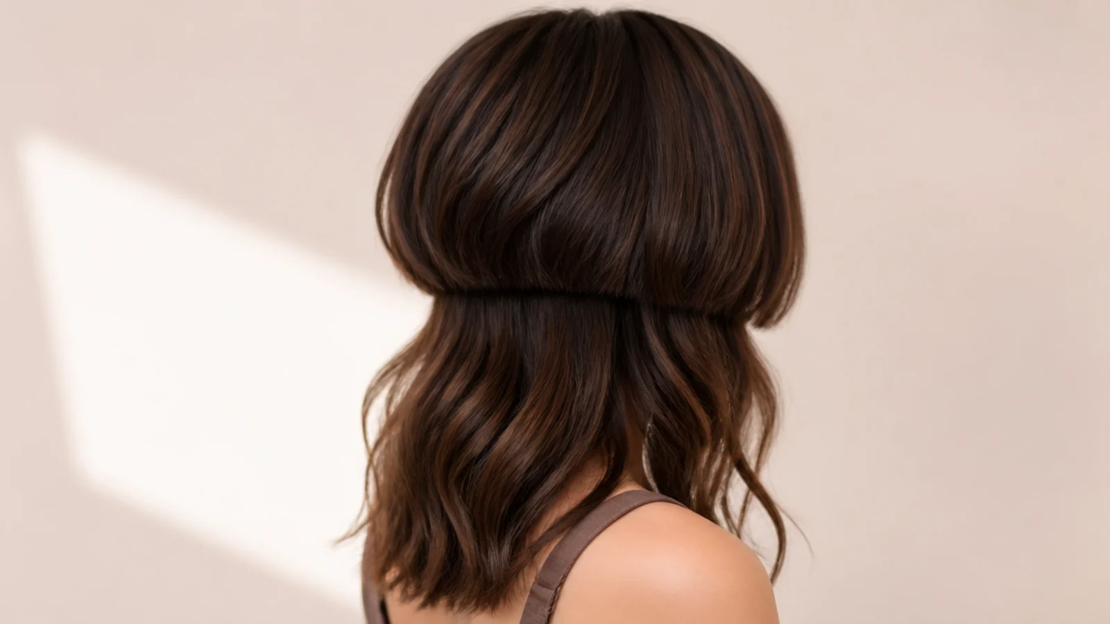 Shoulder length wavy jellyfish haircut on thick hair with a weighted blunt bell