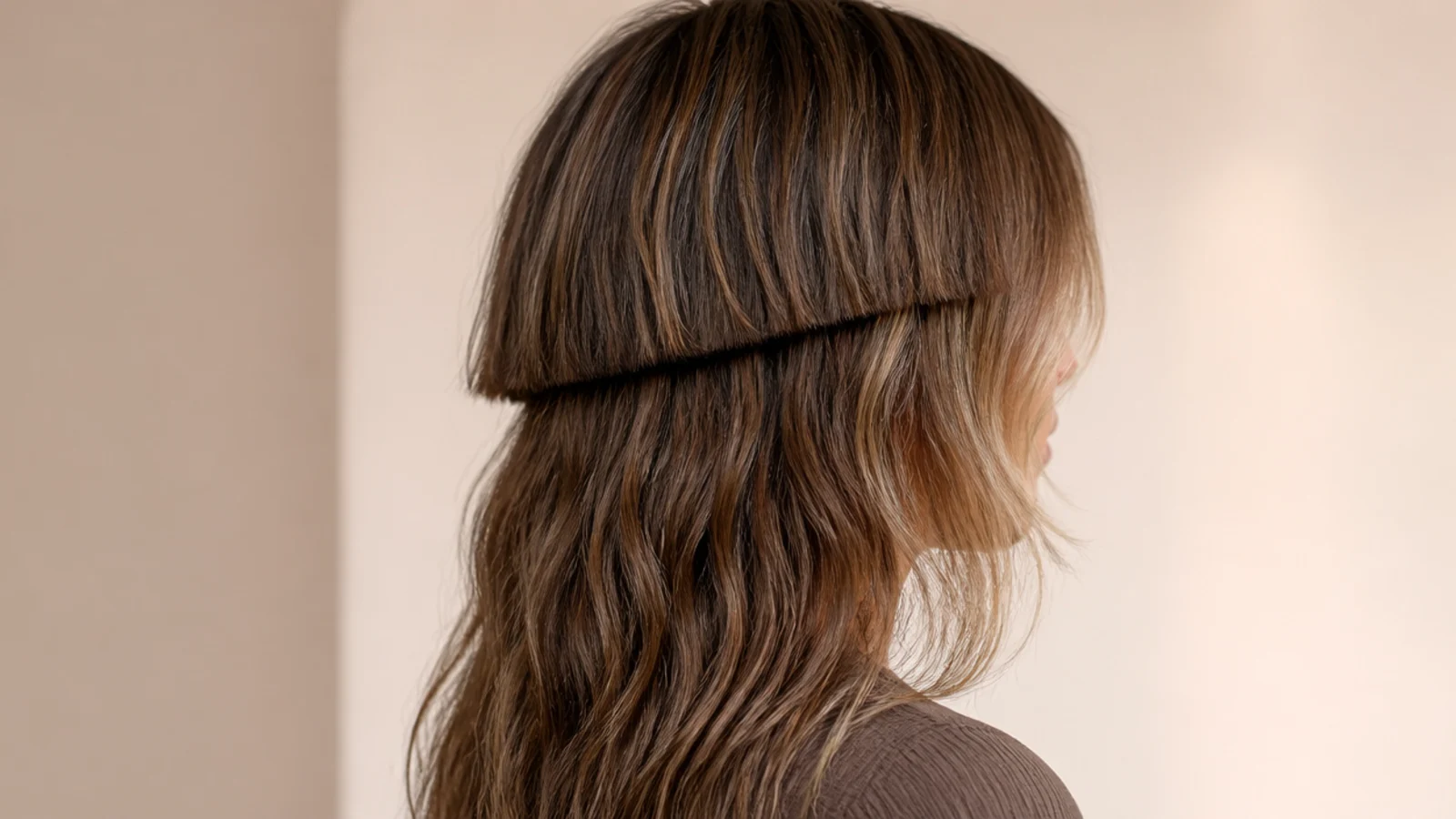 Wavy jellyfish haircut with a lightened face-framing money piece at the front of the bell