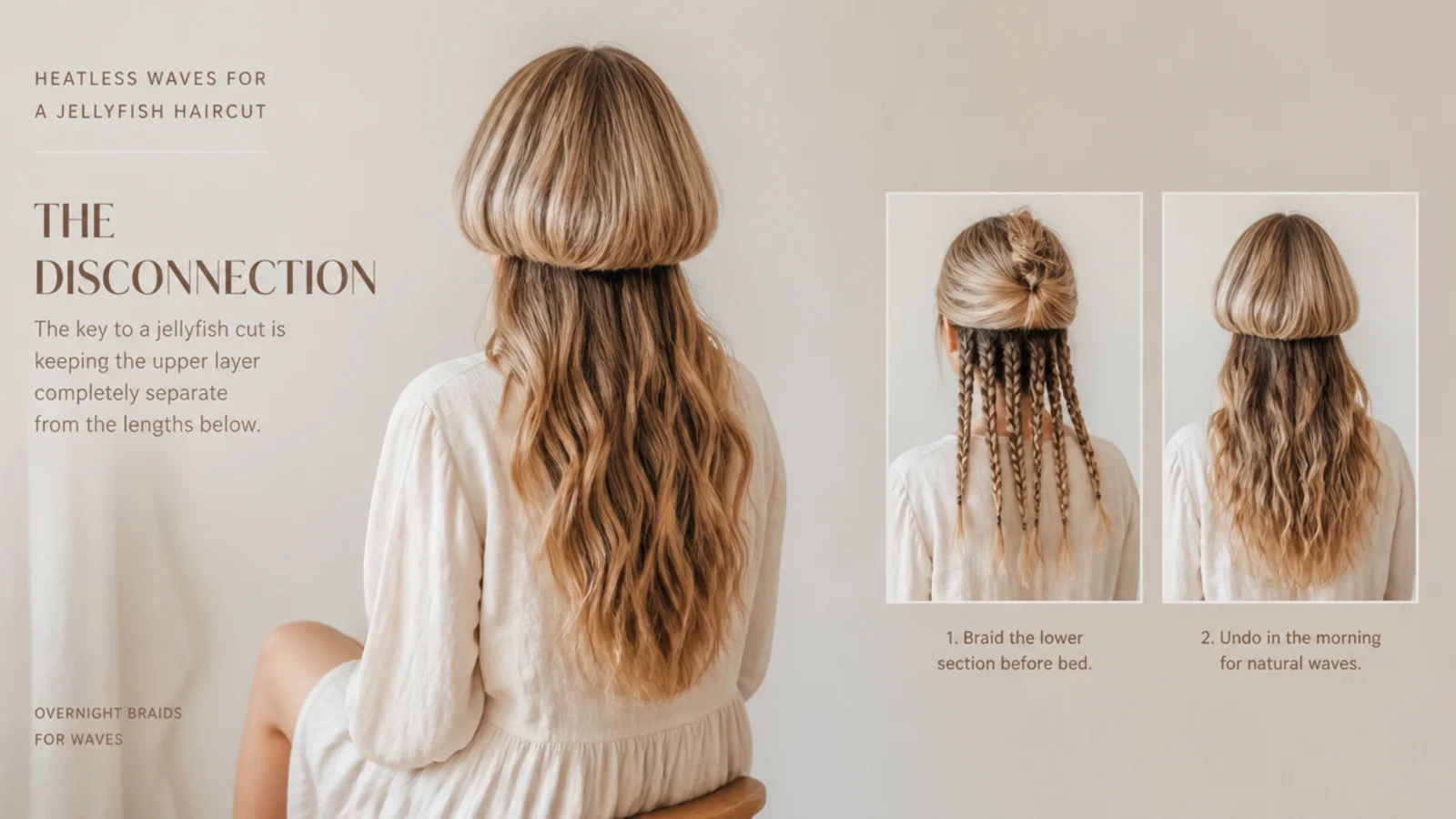 Heatless styling for a wavy jellyfish haircut using overnight braids in the lower layer