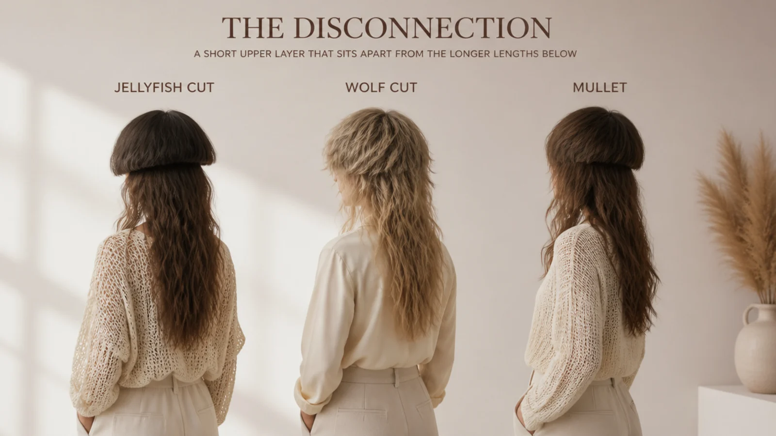Side by side comparison of a wavy jellyfish haircut, a wavy wolf cut and a wavy mullet