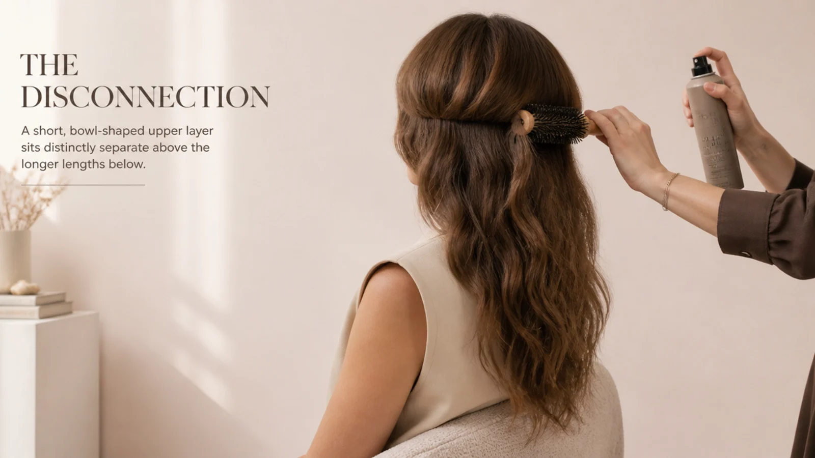 Round brushing the short bell of a wavy jellyfish haircut over natural wavy lengths