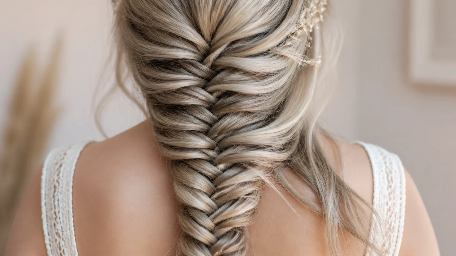 Ash blonde mermaid braid with cool gray toned strands fanned out over one shoulder