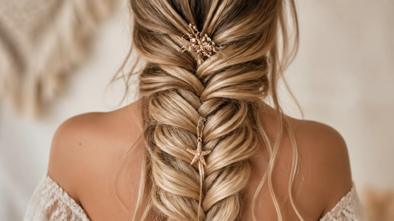 Honey blonde mermaid braid with a deeper shadow root melting into golden mid lengths