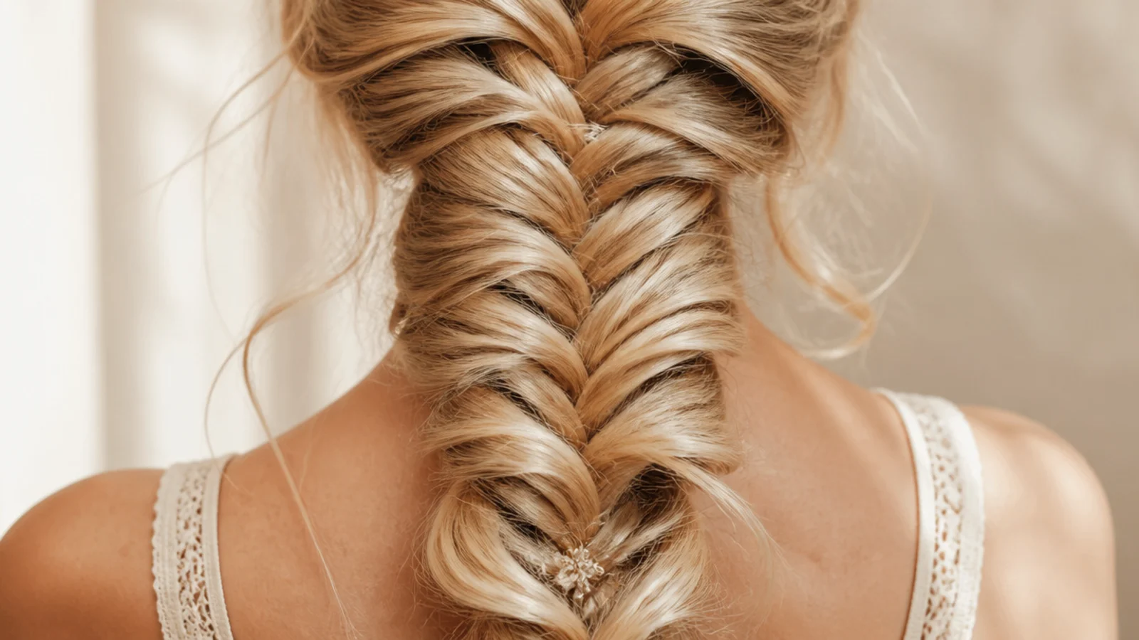 Golden blonde mermaid braid catching warm sunlight across the pancaked crossovers