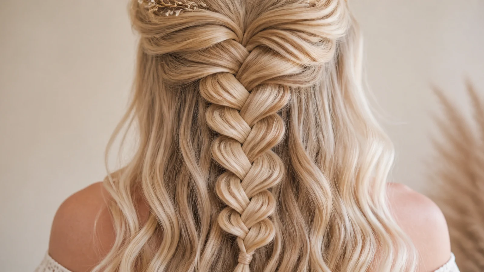 Butter blonde half up mermaid braid with the lower half left in loose curls