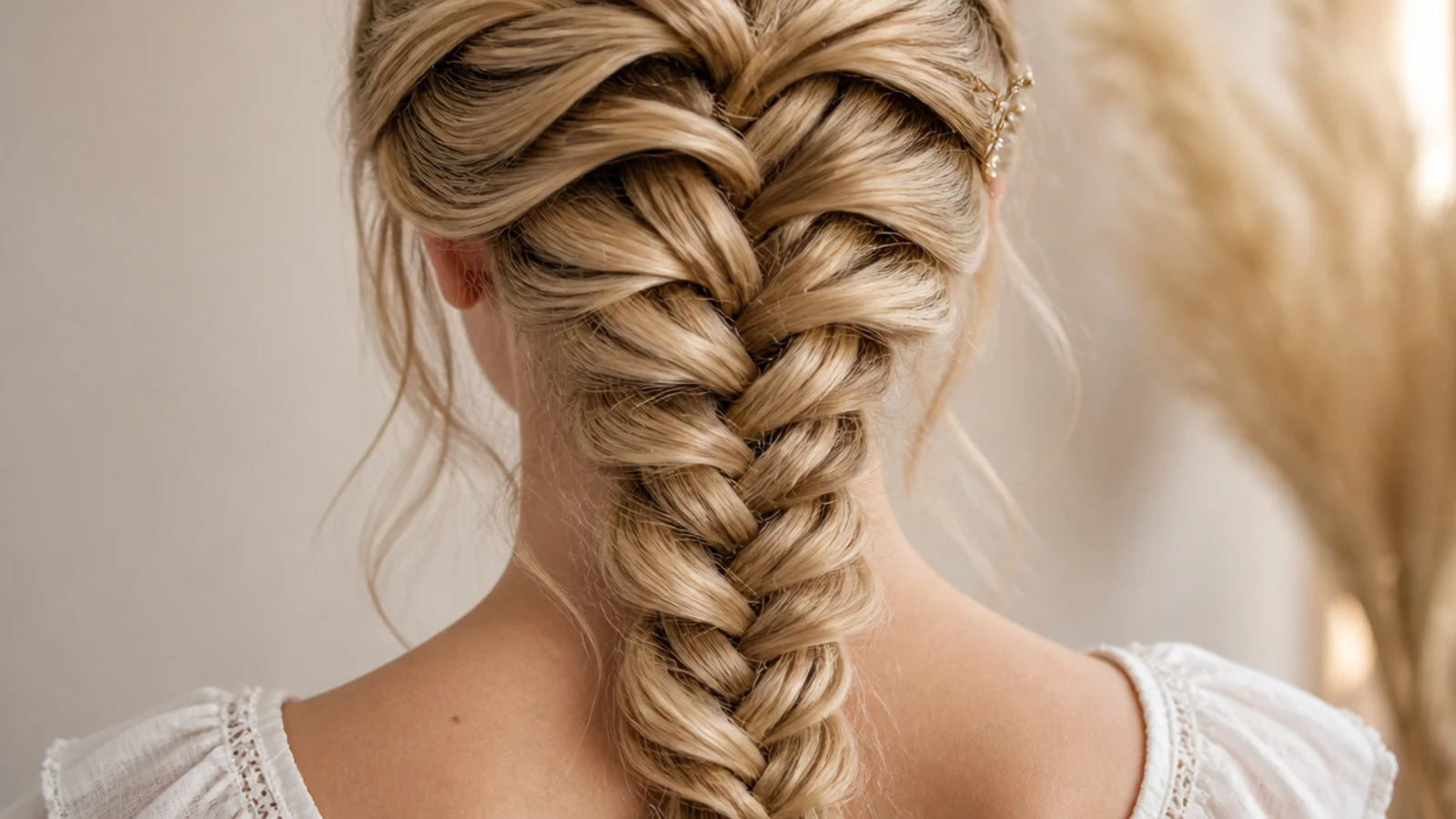 Beige blonde mermaid braid on fine hair pancaked wide to look thicker