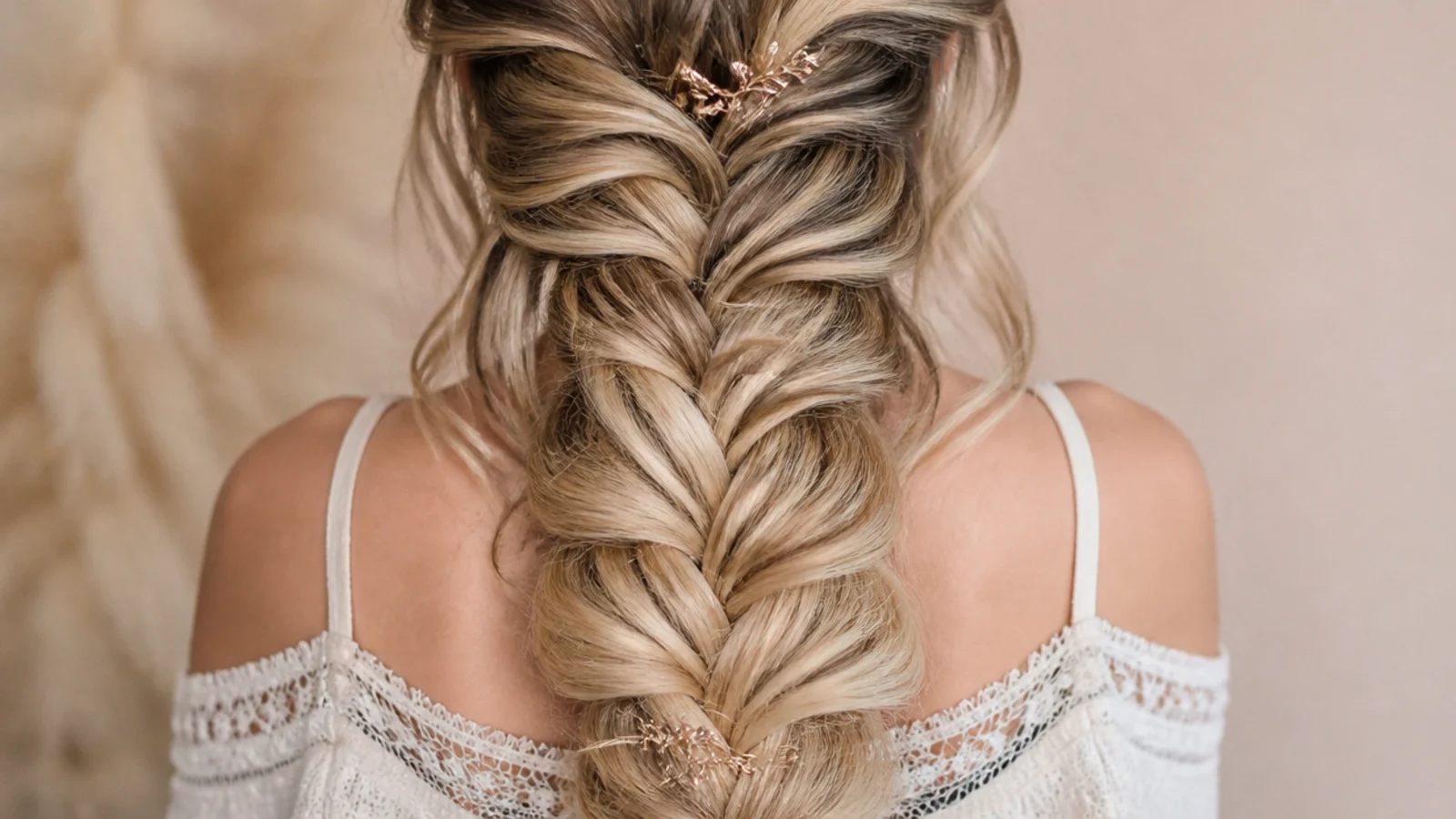 Balayage blonde mermaid braid showing dark roots melting into blonde pancaked ends