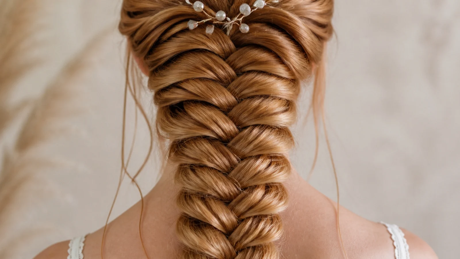 Strawberry blonde mermaid braid with copper toned crossovers fanned wide