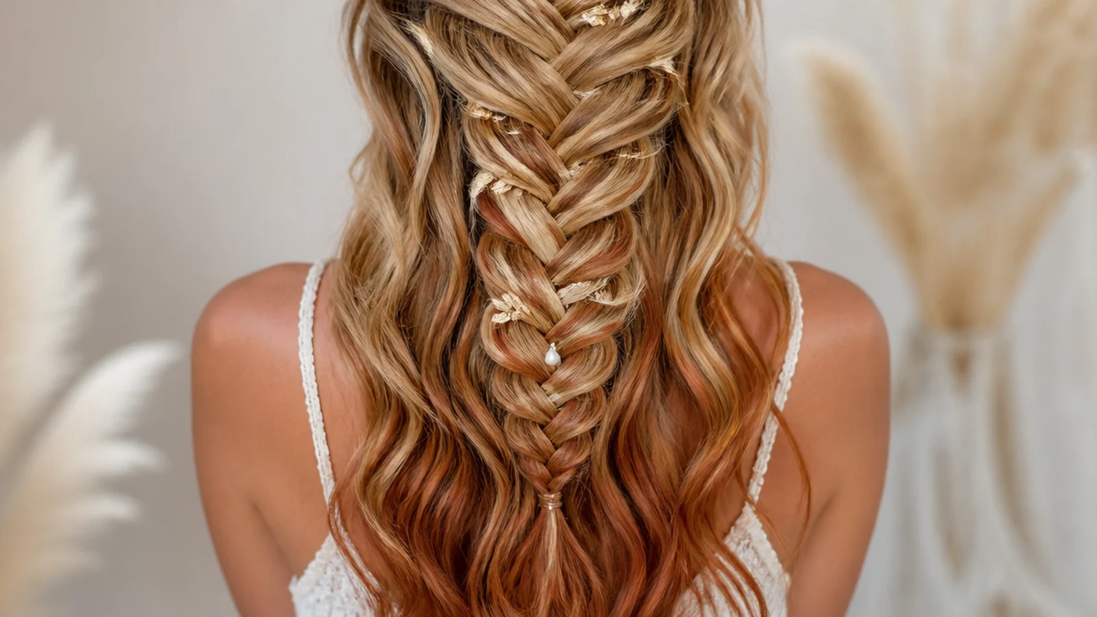 Copper blonde 30 mermaid braids with auburn toned loose waves flowing at the ends
