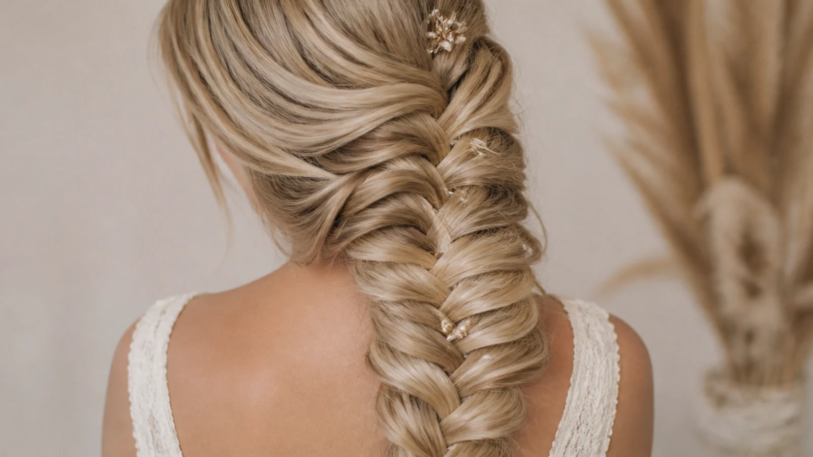 Blonde mermaid braid swept over one shoulder from a deep side part