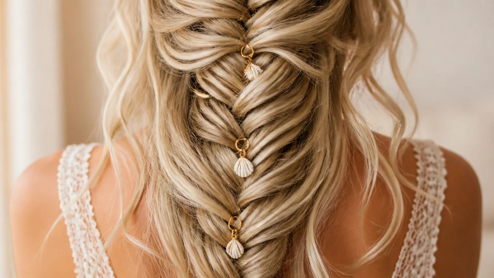 Boho blonde mermaid braid threaded with tiny gold rings and shell charms