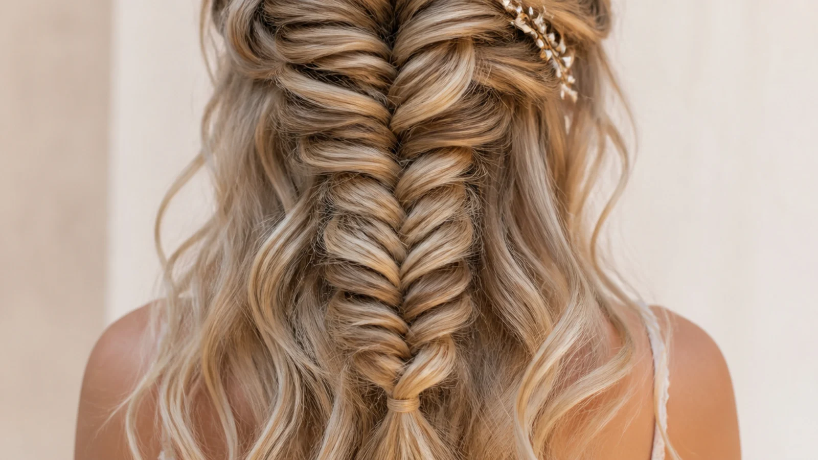 Sandy blonde mermaid braid with salt textured beach waves loose around the face