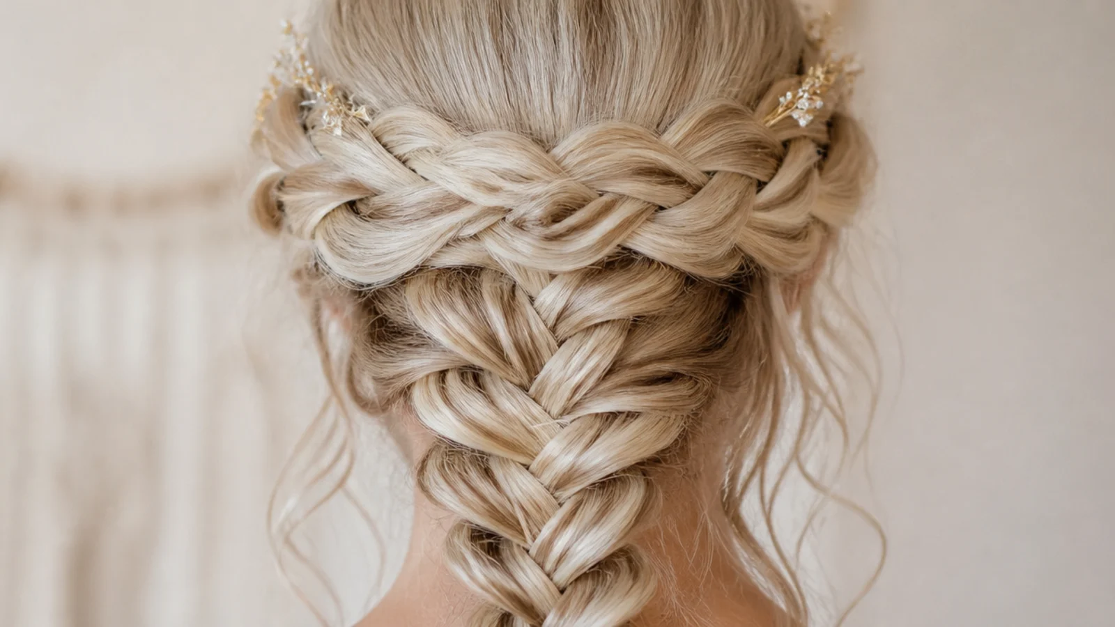 Icy blonde mermaid crown braid wrapped around the head like a halo