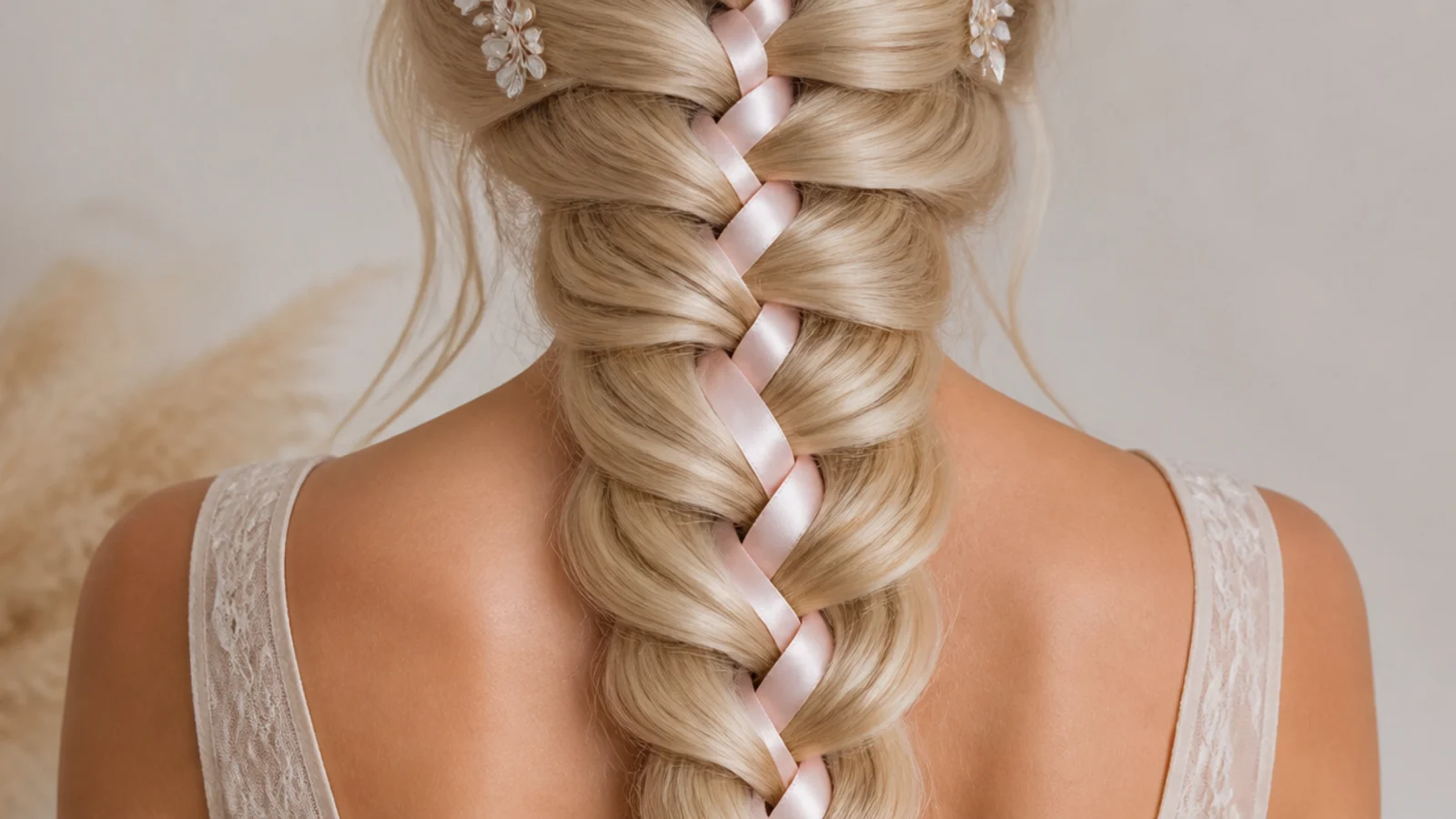 Blonde mermaid braid with a satin ribbon woven through the pancaked crossovers
