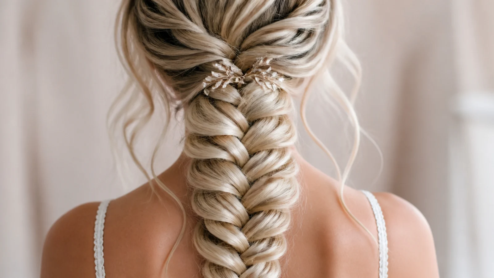 Bridal blonde mermaid braid starting low at the nape with soft curls left around the face