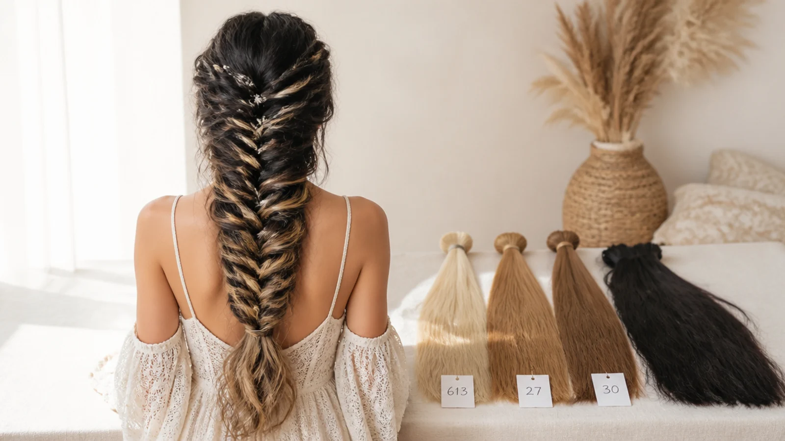 Blonde braiding hair packs in codes 613, 27 and 30 laid beside dark natural hair