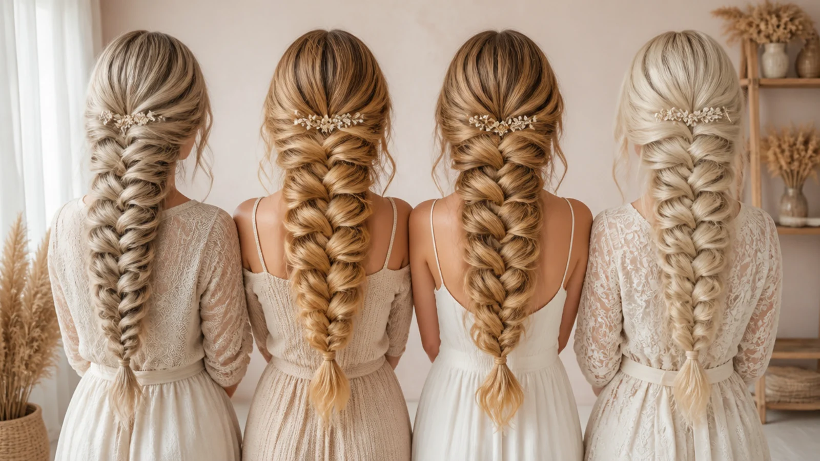 Four blonde mermaid braid swatches comparing ash, golden, honey and platinum shades