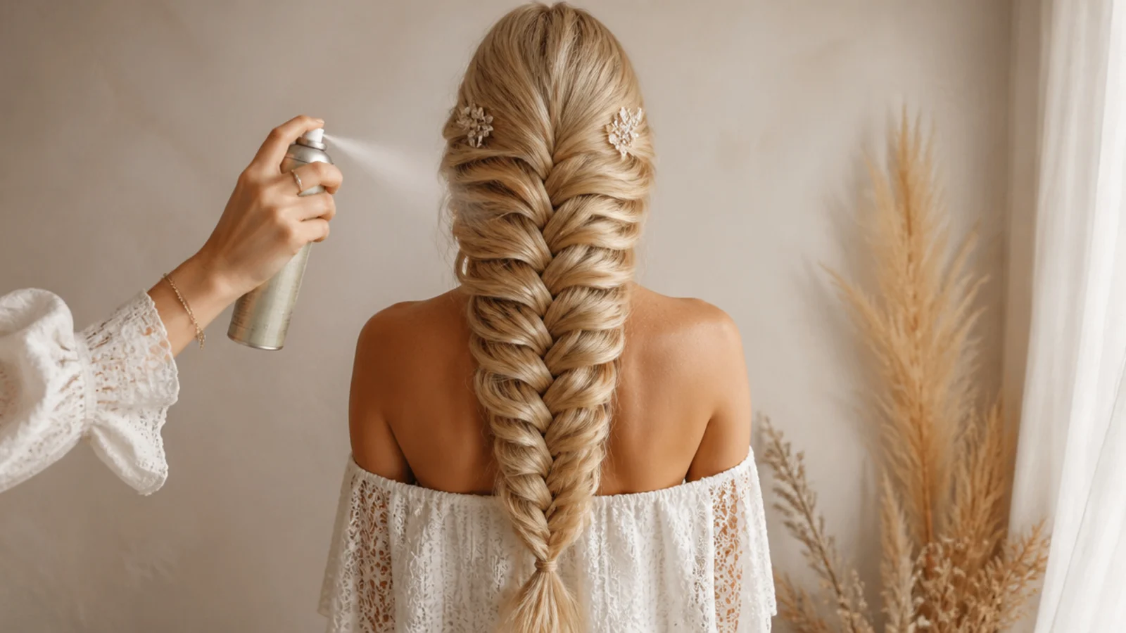 Texture spray being applied to fine blonde hair before braiding a mermaid braid