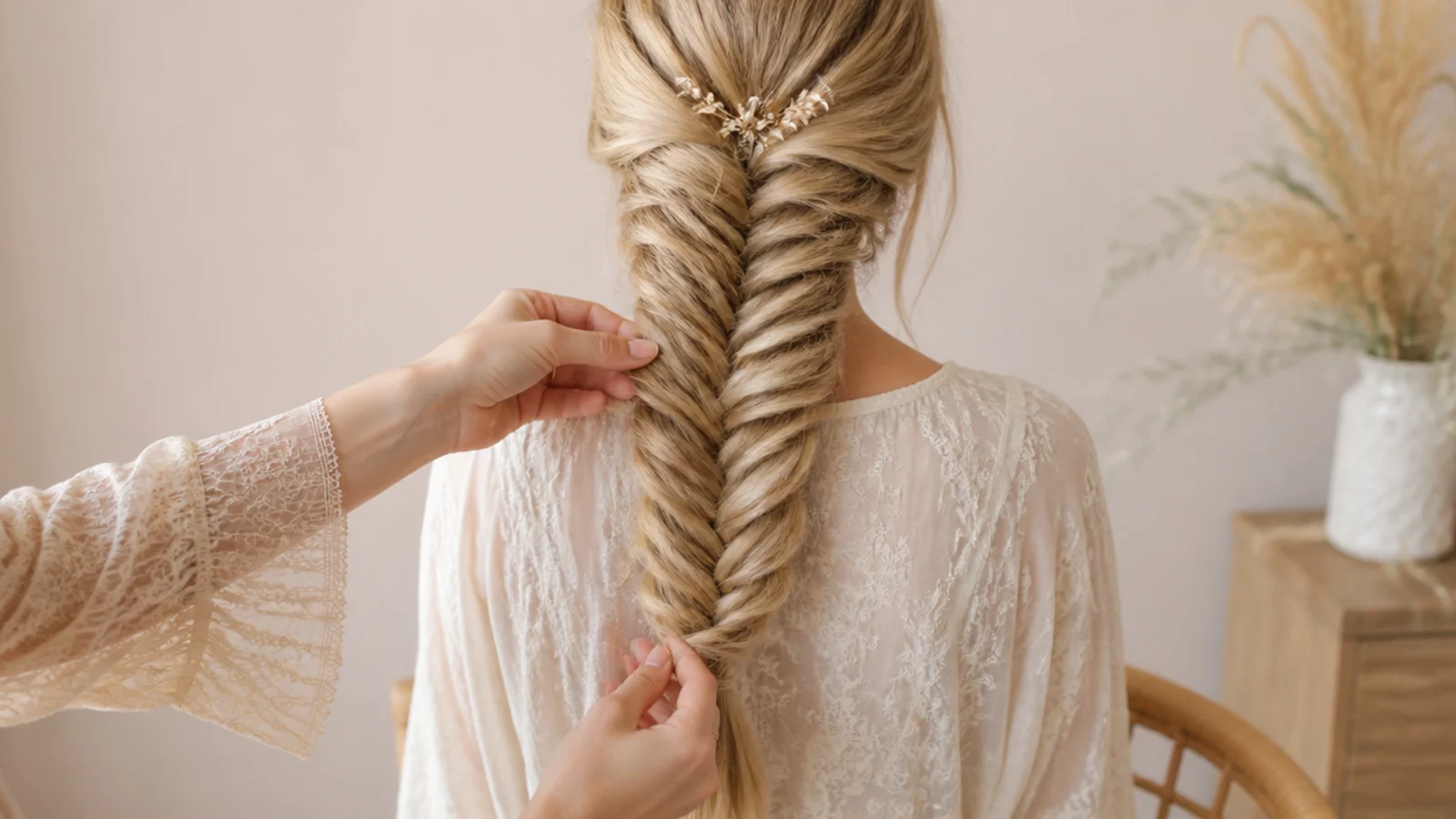 Hands tugging the outer edge of a blonde fishtail braid to pancake it wider