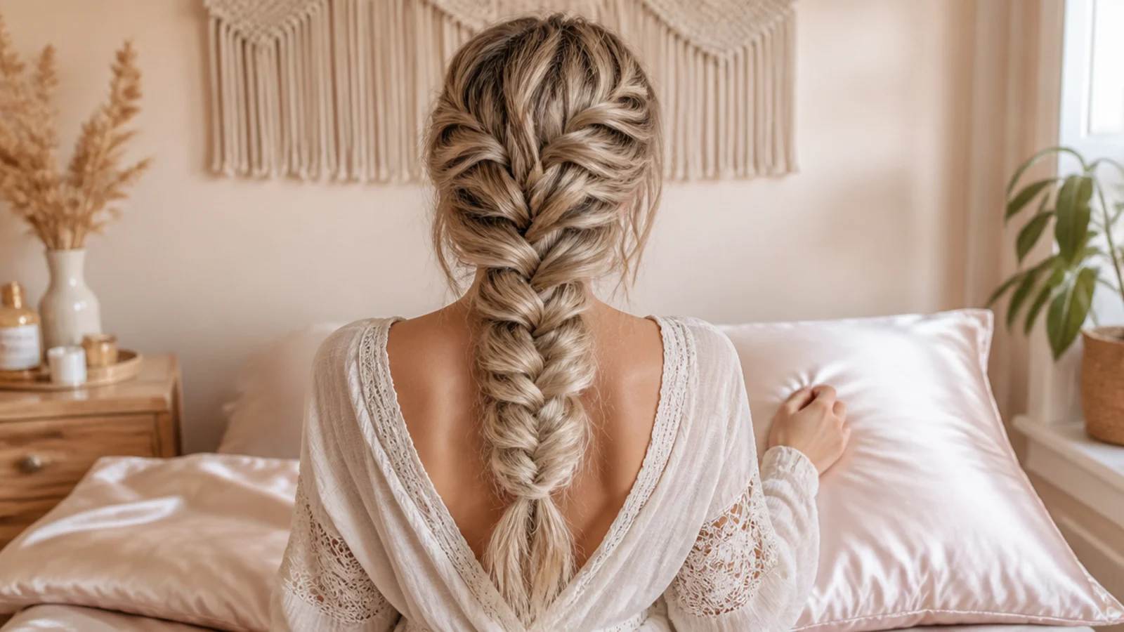 Blonde mermaid braid loosely braided for sleep with a satin pillowcase