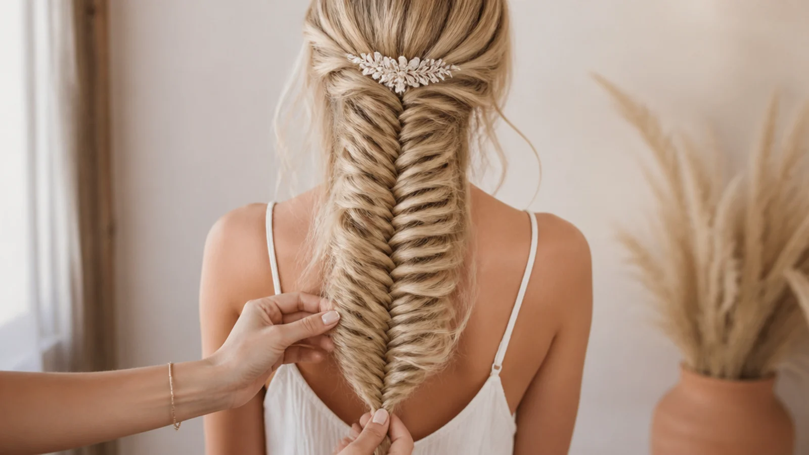 Close up of a blonde mermaid braid showing the fishtail crossovers pancaked wide