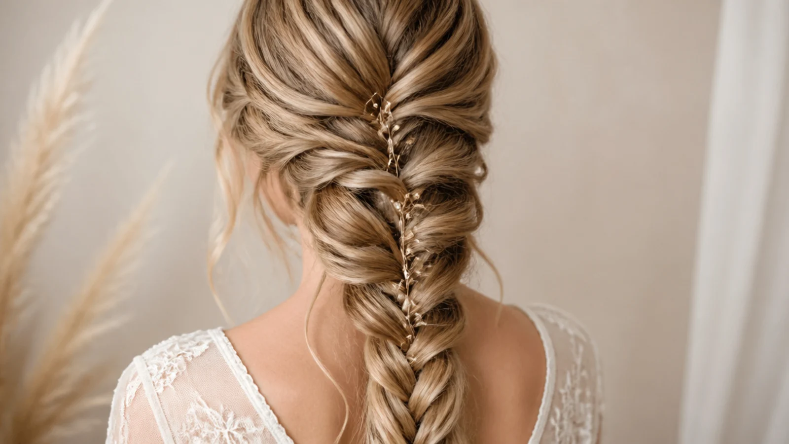 Side swept boho mermaid braid worn over one shoulder with a deep side part and loose tendrils